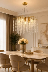 Dina Serip Gold Kaplamalı Modern Tasarım Salon Kristal Sarkıt Avize